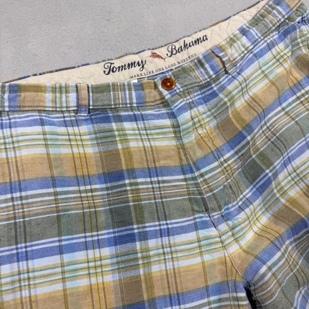 Tommy Bahama Mens 38 Plaid Shorts Blue Tan Green Linen Tencel Blend Coastal